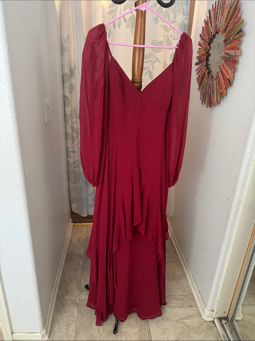 Azazie Burgundy Long Sleeve Chiffon Evening Gown